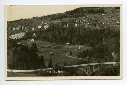 Ansicht der Brücke aus Südwesten mit Ansicht der Häuser an der Hauptstrasse von Teufen im Hintergrund