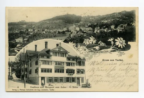 Mehrbildpostkarte: Einzelansicht mit Restaurant und Gesamtansicht von Teufen (vgl. Hc.08-42)