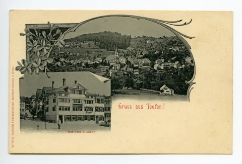 Mehrbildpostkarte: Einzelansicht mit Restaurant und Gesamtansicht von Teufen, Motive identisch wie Ho.20-005