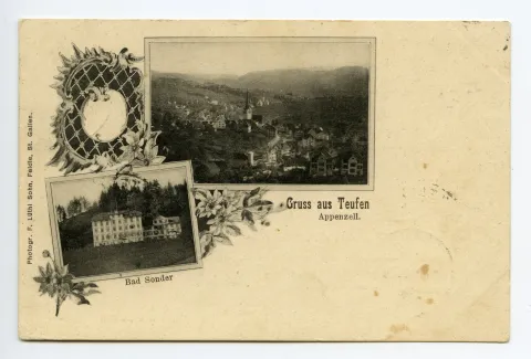Mehrbildpostkarte: Einzelansicht Bad Sonder und Gesamtansicht Teufen von Nordwest