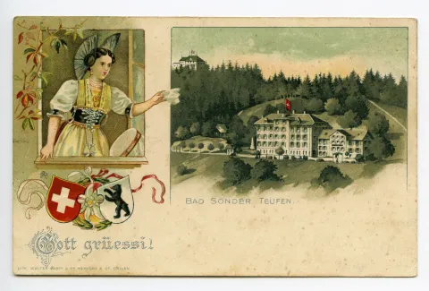 Mehrbildpostkarte: Einzelbild links: Schmuckbild mit Appenzellerin in Tracht; Einzelbild rechts: Ansicht von Bad Sonder von Süden mit Fröhlichsegg im Hintergrund (vgl. Ho.20-013)