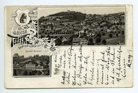 Mehrbildpostkarte: Ansicht Bad Sonder mit Rest. Fröhlichsegg oberhalb, im Schmuckrahmen, Gesamtansicht Teufen aus Süden
