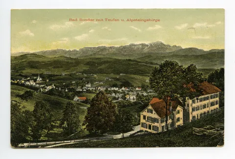 Ansicht aus Norden (Rückseite des Kurhauses) aus Teufen mit Grubenmannkirche und alte kath. Kirche
