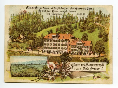 Mehrbildpostkarte: Hauptbild: Ansicht von Bad Sonder und oberhalb Restaurant Fröhlichsegg; kleines Schmuckbild: schemahafte Ansicht von Teufen mit Alpstein