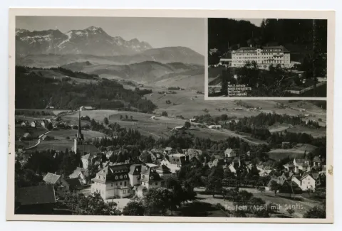 Mehrbildpostkarte, kleines Bild: Gesamtansicht Bad Sonder; grosses Bild / Hauptbild: Ansicht von Teufen aus Norden von Bad Sonder aus gesehen, mit ehemaligem Töchterinstitut Buser, Alpstein und Säntis im Hintergrund