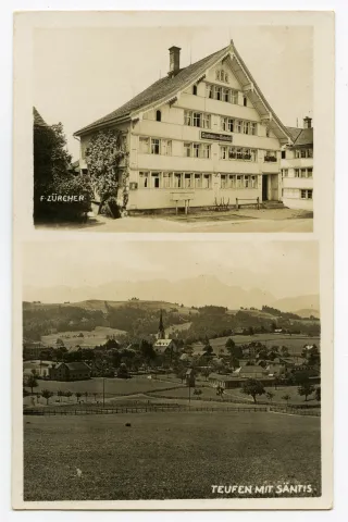 Doppelbildpostkarte oben: Ansicht Gasthaus mit Brückenwaage, unten: Ansicht von Teufen aus Norden mit alter kath. Kirche (vgl. Ho.16-015, Bild unten identisch)