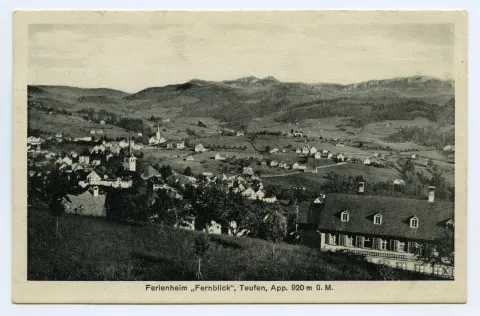 Rückansicht, Ansicht aus Norden mit Blick auf Teufen mit evang. Kirche und alter kath. Kirche (vgl. Ho.20-060, Stempel 1932)