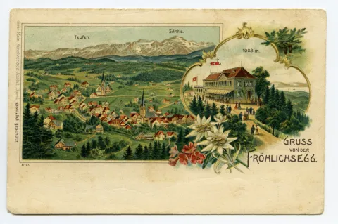 Schmuckgrusskarte mit Panoramablick auf Teufen und Säntis (vgl. Ho.20-073, sehr ähnlich) (vgl. Hc.08-25, identisch aber blassere Farbgebung)