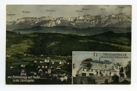 zwei Ansichten: klein: Restaurant von Süden mit Eigentümerfamilie? gross: Panoramablick auf Teufen mit evang. Kirche und beschrifteter Alpsteinkette (vgl. HC.08-27, Motiv identisch, aber Farbgebung anders)