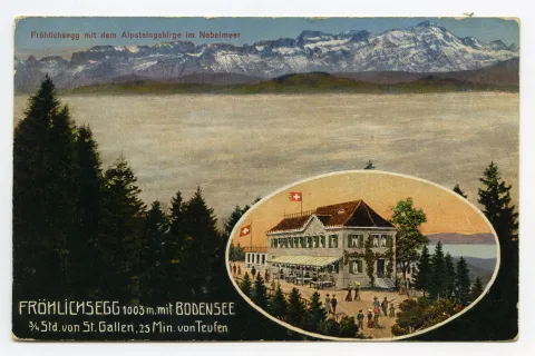 Karte mit zwei Ansichten: Alpstein im Nebelmeer, Lünette: Gesamtansicht von Südosten von Restaurant und Blick auf den Bodensee