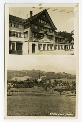 Doppelpostkarte, oben: Ansicht des Restaurants, unten: Ansicht von Teufen aus Norden mit alter kath. Kirche und Alpstein im Hintergrund