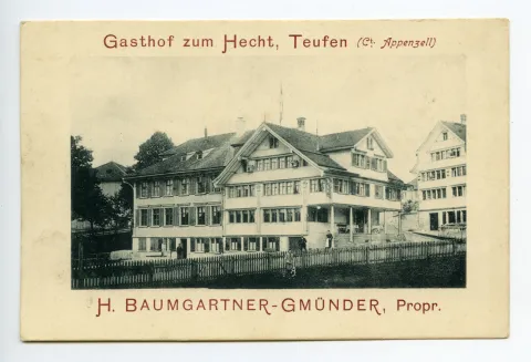 Ansicht aus Südosten mit Eigentümer? vor dem Haus, Kartenrückseite gleich Bestellschein