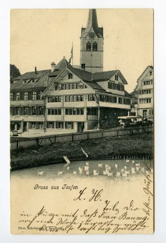Ansicht aus Osten mit Hechtweiher im Vordergrund und evang. Kirche im Hintergrund (vgl. Hc.08-02, Karte identisch)