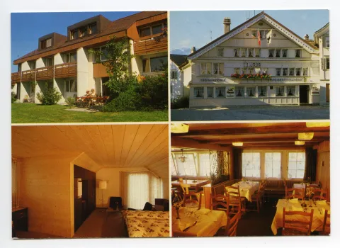 Mehrbildpostkarte, Frontansicht und Innenansicht Restaurant Ilge, Rückansicht und Innenansicht eines Zimmers des Hotels Garni Säntis