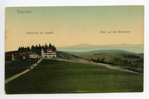 Ansicht aus Süden mit Blick auf den Bodensee (vgl. HC.08-66, identisch, Farben verblasst oder s/w, Stempel 1920)
