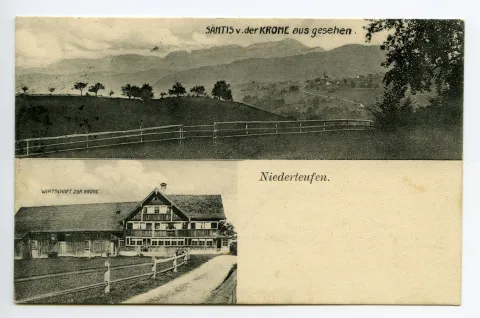(bis 1910), Doppelbildkarte oben: Ansicht von der Krone aus gesehen unten: Ansicht der Wirtschaft zur Krone