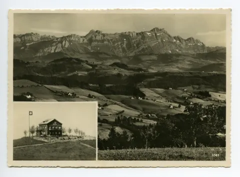 1934-1956, Doppelbildkarte, klein: Ansicht Kulm aus Süden, gross: Panoramablick auf Alpstein