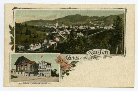 Grusskarte, Frontansicht aus Nordwest mit Konzertsaal, Ansicht aus Südosten auf Teufen mit alter kath. Kirche und evang. Kirche