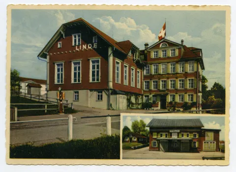 Doppelbildkarte, Ansicht aus Nordwesten von Hotel und Konzertsaal, Ansicht Bahnhaltestelle
