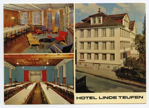 Mehrbildkarte, Aussenansicht von Westen, Innenansicht eines Raumes im Restaurant, Innenansicht Lindensaal, beide Karten identisch vom Motiv, nur seitenverkehrt
