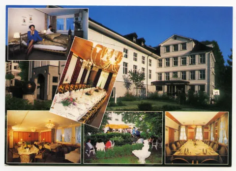 Mehrbildkarte, Aussenansicht mit Lindensaal, Ansicht Garten, Eingang Lindensaal aussen, Innenansicht Zimmer, drei Innenansichten unterschiedlicher Reatauranträume, beide Karten identisch