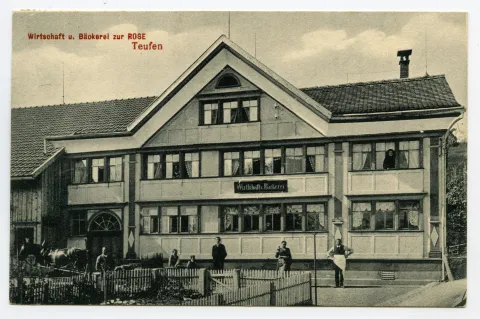 Ansicht von der Gremmstrasse aus mit Personen davor (vgl. Hc.08-48, Karte identisch)