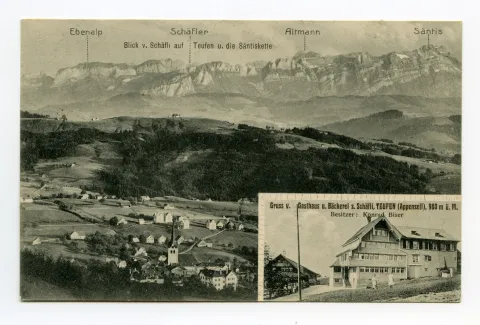 Doppelbildkarte, klein: Ansicht aus Süden, gross: Panoramablick auf Teufen mit Alpstein