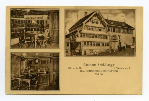 Mehrbildpostkarte, 2 x Innenansicht der Gaststube, 1 x Frontalansicht mit Frau mit Hund und Hühnern davor