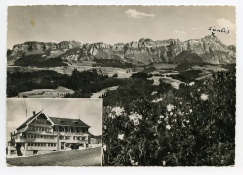 Doppelbildkarte, klein: Frontansicht aus Süden mit Sitzplatz (vgl. Ho.20-217), gross: Alpsteinpanorama