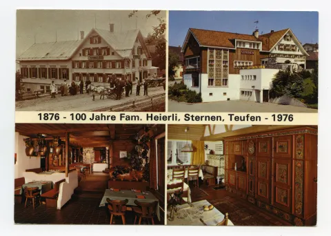 Mehrbildpostkarte, Gesamtansicht aus Nordosten (vgl. Ho.20-250), Rückansicht, zwei Innenansichten