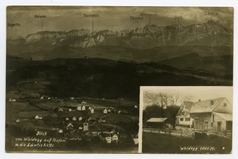 Mehrbildkarte, klein: Waldegg von Südosten, gross: Blick auf Teufen mit Alpsteinpanorama