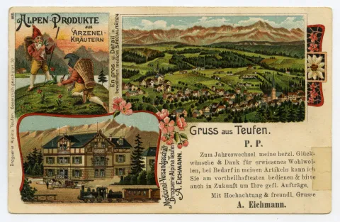 Grusskarte mit 3 Ansichten und Werbetext, Werbebild, Panoramabild Teufen aus Norden mit alter kath. Kirche und evang. Kirche, Drogerie mit fahrender Bahn