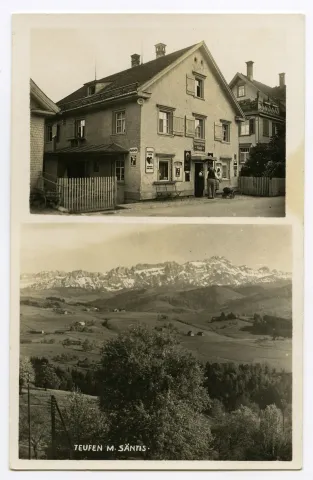 eingegangen am 31.3.1973, Doppelbildkarte, oben: Ansicht des Gebäudes, unten: Panoramasicht Alpstein