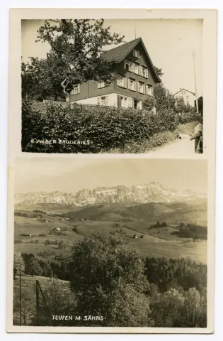 Doppelbildkarte oben: Aussenansicht des Broederiegebäudes, unten: Panoramablick auf Alpstein