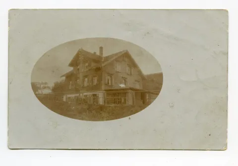 (1905-1945), später Fa. Remo, abgebrannt April 1959, Ansicht des Gebäudes im Oval