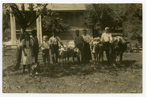Familie mit Vieh, Schafen und Hund im Garten
