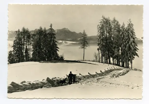 auf planiertem Weg, im Hintergrund: Blick auf Alpstein