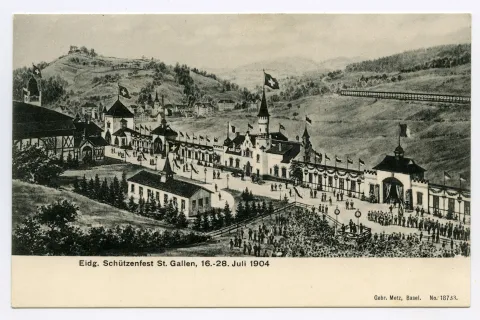 Ansicht des Festplatzes mit Besuchern, mit Schiessstand Weiherweid und Schiesständen, im Hintergrund St. Georgen mit Freudenberg