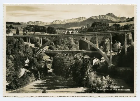 Ansicht der vier Brücken über die Sitter, vorderste: Fürstenlandbrücke, hinterste: Sitterviadukt